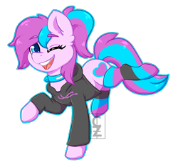 Size: 2102x1943 | Tagged: safe, artist:cleoziep, oc, oc only, oc:panda shade, species:earth pony, species:pony, clothing, collar, female, hoodie, mare, one eye closed, simple background, socks, striped socks, transparent background, wink