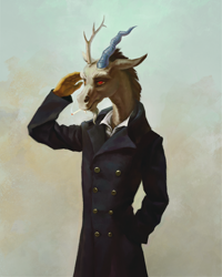 Size: 1440x1800 | Tagged: safe, artist:bra1neater, character:discord, species:anthro, species:draconequus, cigarette, clothing, coat, fine art emulation, male, meme, press f to pay respects, raised arm, salute, smoking, solo