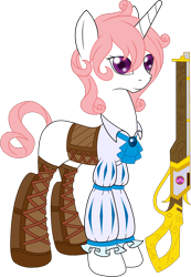Size: 948x1367 | Tagged: safe, artist:j053ph-d4n13l, oc, oc only, oc:aeya longmirror, species:changeling, species:pony, species:unicorn, boots, changeling oc, clothing, corset, disguise, disguised changeling, female, gun, mare, musket, rifle, shirt, shoes, simple background, solo, tally marks, transparent background, weapon
