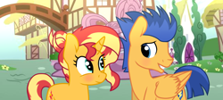 Size: 1024x457 | Tagged: safe, artist:missxxfofa123, artist:vector-brony, character:flash sentry, character:sunset shimmer, species:pegasus, species:pony, species:unicorn, ship:flashimmer, alternate hairstyle, blushing, female, male, mare, shipping, stallion, straight