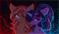 Size: 2500x1439 | Tagged: safe, artist:avrameow, character:sunset shimmer, character:twilight sparkle, character:twilight sparkle (scitwi), species:alicorn, species:pony, species:unicorn, demon, equestria girls ponified, female, glasses, hair over one eye, implied midnight sparkle, implied sunset satan, lidded eyes, looking at you, mare, ponified, ponytail, smiling, smirk, smug