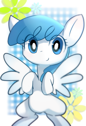 Size: 445x650 | Tagged: safe, artist:youhoujou, character:white lightning, species:pegasus, species:pony, bipedal, cute, eye clipping through hair, female, flower, mare, pixiv, solo, spread wings, wings