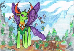 Size: 1657x1162 | Tagged: safe, artist:assertiveshypony, character:ocellus, character:pharynx, character:prince pharynx, character:thorax, species:changeling, species:reformed changeling, changedling brothers, drawing, solo focus, traditional art, wings