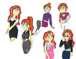Size: 3300x2550 | Tagged: safe, artist:pettypop, character:sunset shimmer, my little pony:equestria girls, alternate hairstyle, boob window, clothing, female, jacket, midriff, overalls, shoes, short shirt, sneakers, solo, sunglasses