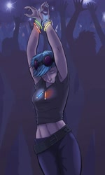 Size: 1200x2000 | Tagged: safe, artist:jakneurotic, character:dj pon-3, character:vinyl scratch, species:human, armpits, arms in the air, belly button, dancing, female, glowstick, humanized, midriff, rave, solo