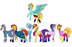 Size: 8562x5610 | Tagged: safe, artist:icey-wicey-1517, artist:moonlight0shadow0, edit, character:braeburn, character:lightning dust, character:maud pie, character:starlight glimmer, character:sunburst, character:sunset shimmer, character:trixie, species:earth pony, species:pegasus, species:pony, species:unicorn, absurd resolution, beard, bisexual pride flag, blaze (coat marking), blep, bracelet, clothing, collaboration, color edit, colored, cowboy hat, dress, facial hair, female, flying, gay pride flag, gender headcanon, glasses, group, hat, headcanon, jewelry, lesbian pride flag, lgbt, lgbt headcanon, male, mare, mouth hold, nonbinary, nonbinary maud pie, nonbinary pride flag, nonbinary sunburst, pride, pride flag, pride flag bracelet, pride flag scarf, pride ponies, pride socks, rainbow socks, raised hoof, raised leg, robe, scarf, sexuality headcanon, shirt, simple background, socks, stallion, striped socks, sunburst's glasses, sunburst's robe, t-shirt, thigh highs, tongue out, trans female, trans trixie, transgender, transgender pride flag, transparent background, wall of tags, wristband