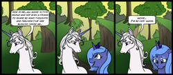 Size: 1500x656 | Tagged: safe, artist:madmax, artist:pacce, character:princess luna, species:alicorn, species:classical unicorn, species:pony, species:unicorn, amalthea, cloven hooves, comic, crossover, duo, duo female, female, forest, lady amalthea, leonine tail, lonely, mare, s1 luna, sad, the last unicorn, unshorn fetlocks