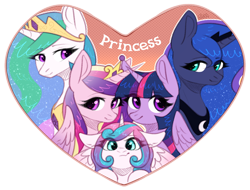 Size: 1680x1279 | Tagged: safe, artist:avrameow, character:princess cadance, character:princess celestia, character:princess flurry heart, character:princess luna, character:twilight sparkle, character:twilight sparkle (alicorn), species:alicorn, species:pony, alicorn pentarchy, cute, cutedance, cutelestia, female, filly, flurrybetes, heart, looking at you, lunabetes, mare, royal sisters, twiabetes