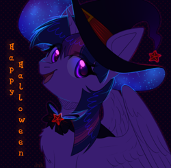 Size: 1869x1828 | Tagged: safe, artist:avrameow, character:twilight sparkle, character:twilight sparkle (alicorn), species:alicorn, species:pony, species:unicorn, bow tie, clothing, cute, female, halloween, happy halloween, hat, holiday, looking at you, mare, open mouth, smiling, solo, witch hat