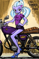 Size: 678x1009 | Tagged: safe, artist:dadss_rootbeer, character:sugarcoat, my little pony:equestria girls, clothing, female, looking at you, motorcycle, shirt, shorts, smiling, solo, t-shirt