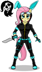 Size: 824x1401 | Tagged: safe, artist:emichaca, character:fluttershy, species:anthro, badass, bunny ears, clothing, costume, dangerous mission outfit, description at source, deviantart, female, flutterbadass, flutterspy, glasses, gloves, goggles, hoodie, knife, simple background, solo, tail, white background