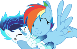 Size: 1024x654 | Tagged: safe, artist:missxxfofa123, character:rainbow dash, oc, oc:sonic blast (ice1517), parent:rainbow dash, parent:soarin', parents:soarindash, species:pegasus, species:pony, icey-verse, eyes closed, family, female, filly, flying, hug, like mother like daughter, mare, markings, mother and daughter, offspring, raised hoof, simple background, white background, young, younger