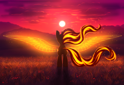 Size: 2925x2000 | Tagged: safe, artist:avrameow, character:sunset shimmer, species:pony, species:unicorn, artificial wings, augmented, both cutie marks, female, flowing mane, flowing tail, grass, looking away, magic, magic wings, mare, nature, outdoors, solo, spread wings, sunset, wings