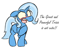 Size: 1151x921 | Tagged: safe, artist:owl-eyes, edit, character:trixie, species:pony, species:unicorn, blatant lies, blushing, cute, denial, diatrixes, female, floppy ears, great and powerful, i'm not cute, mare, simple background, solo, third person, tsundere, tsunderixie, white background