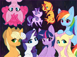 Size: 3100x2308 | Tagged: safe, artist:avrameow, character:applejack, character:fluttershy, character:pinkie pie, character:rainbow dash, character:rarity, character:starlight glimmer, character:sunset shimmer, character:twilight sparkle, character:twilight sparkle (alicorn), species:alicorn, species:earth pony, species:pegasus, species:pony, species:unicorn, applejack's hat, chest fluff, clothing, cowboy hat, cute, cutie mark, eyeshadow, female, floppy ears, hat, high res, looking at you, makeup, mane eight, mane six, mare, pose, raised hoof, smiling, upside down