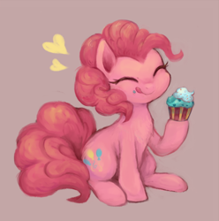 Size: 700x707 | Tagged: safe, artist:kei05, character:pinkie pie, species:earth pony, species:pony, chest fluff, cupcake, cute, diapinkes, eyes closed, female, food, heart, licking, licking lips, mare, purple background, simple background, sitting, solo, tongue out