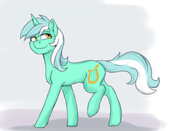 Size: 1614x1219 | Tagged: safe, artist:haruhi-il, character:lyra heartstrings, species:pony, species:unicorn, cutie mark, female, green coat, looking up, mare, one leg raised, solo, two toned mane, two toned tail, yellow eyes