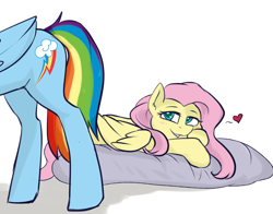 Size: 1849x1449 | Tagged: safe, artist:haruhi-il, character:fluttershy, character:rainbow dash, species:pegasus, species:pony, ship:flutterdash, backwards cutie mark, blushing, dat butt, eyes on the prize, female, floating heart, heart, lesbian, looking at butt, mare, meme, shipping, simple background, white background