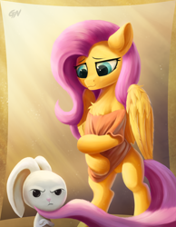 Size: 2114x2724 | Tagged: safe, artist:foxpit, character:angel bunny, character:fluttershy, species:pony, angry face, bipedal, chest fluff, clothing, cute, duo, featureless crotch, female, mare, shirt, shyabetes, smiling