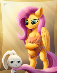 Size: 2114x2724 | Tagged: safe, alternate version, artist:foxpit, character:angel bunny, species:pony, angry face, bipedal, chest fluff, clothing, duo, female, mare, panties, purple underwear, shirt, smiling, underwear