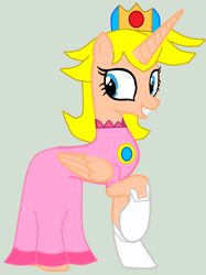 Size: 888x1188 | Tagged: safe, artist:chaostrical, artist:twidashfan1234, base used, species:alicorn, species:pony, alicornified, clothing, crossover, crown, dress, gloves, gown, jewelry, nintendo, ponified, princess peach, race swap, regalia, super mario bros.