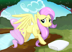 Size: 3509x2550 | Tagged: safe, artist:neoshrek, character:fluttershy, species:pegasus, species:pony, female, looking at you, mare, outdoors, river, smiling, solo, spread wings, three quarter view, towel, water, wet, wings