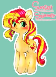Size: 1000x1382 | Tagged: safe, artist:_no_tarin, artist:grimbloody, artist:misocha, character:sunset shimmer, species:pony, species:unicorn, blue background, blushing, cute, female, mare, shimmerbetes, simple background, solo