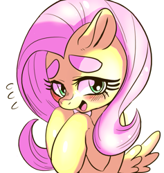 Size: 949x1000 | Tagged: safe, artist:_no_tarin, artist:misocha, character:fluttershy, species:pegasus, species:pony, beanbrows, blushing, bust, cute, eyebrows, female, hooves to the chest, looking at you, mare, open mouth, plewds, portrait, shyabetes, simple background, smiling, solo, three quarter view, white background, wings