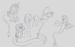Size: 1280x814 | Tagged: safe, artist:airship-king, character:minuette, character:princess cadance, character:rainbow dash, oc, oc:diaphaneity, oc:parcly taxel, species:alicorn, species:earth pony, species:lamia, species:pegasus, species:pony, species:unicorn, albumin flask, alicorn oc, bipedal, birthday present, detachable head, female, genie, genie pony, geniefied, headless, invisible, lamiafied, lineart, mare, modular, monochrome, original species, pencil drawing, species swap, traditional art