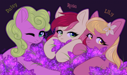 Size: 3200x1893 | Tagged: safe, artist:avrameow, character:daisy, character:lily, character:lily valley, character:roseluck, species:earth pony, species:pony, g4, adaisable, cute, cuteluck, female, flower, flower in hair, flower trio, lilybetes, looking at you, mare, one eye closed, trio, wink