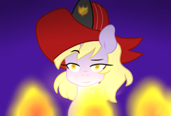 Size: 1089x734 | Tagged: safe, artist:missxxfofa123, character:dinky hooves, species:pony, species:unicorn, clothing, female, filly, fire, firefighter, firefighter dinky hooves, firefighter helmet, hat, helmet, raised eyebrow, solo