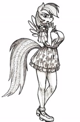 Size: 2976x4528 | Tagged: safe, artist:horselover fat, edit, character:rainbow dash, species:anthro, adorasexy, angry, big breasts, breasts, busty rainbow dash, clothing, cute, female, looking at you, monochrome, rainbow dash always dresses in style, sexy, shoes, skirt, socks, solo