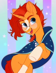 Size: 2000x2594 | Tagged: safe, artist:vensual99, character:sunburst, species:pony, species:unicorn, abstract background, clothing, glasses, male, open mouth, raised hoof, robe, smiling, socks (coat marking), solo, stallion, underhoof