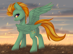 Size: 2592x1932 | Tagged: safe, artist:avrameow, character:lightning dust, species:pegasus, species:pony, butt, chest fluff, ear fluff, female, leg fluff, lightning, looking at you, mare, plot, profile, solo, spread wings, wings