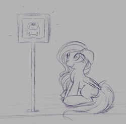 Size: 1101x1083 | Tagged: safe, artist:autumnvoyage, character:fluttershy, species:pegasus, species:pony, bus stop, female, mare, monochrome, road, sign, sitting, sketch, solo