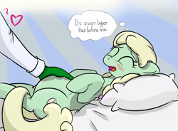 Size: 3156x2329 | Tagged: safe, artist:yukkuripalehorse, oc, oc:anon, oc:minty steps, species:earth pony, species:pony, belly button, belly rubbing, bellyrubs, blushing, dialogue, female, heart, mare, on back, pregnant