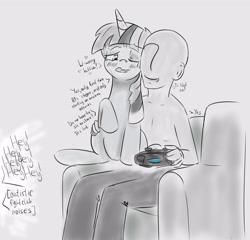 Size: 3842x3681 | Tagged: safe, artist:yukkuripalehorse, character:twilight sparkle, oc, oc:anon, species:human, species:pony, bait and switch, controller, dialogue, dualshock controller, innocent innuendo, video game