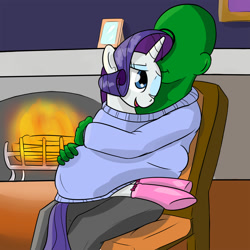 Size: 2000x2000 | Tagged: safe, artist:yukkuripalehorse, character:rarity, oc, oc:anon, species:human, species:pony, /mlp/, clothing, female, fireplace, human on pony snuggling, mare, snuggling, socks, sweater