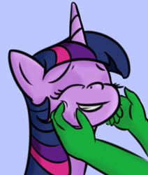 Size: 736x867 | Tagged: safe, artist:yukkuripalehorse, character:twilight sparkle, oc, oc:anon, species:human, species:pony, /mlp/, blue background, cheek squish, cute, eyes closed, holding head, petting, simple background, smiling, squishy cheeks, twiabetes