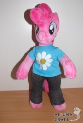 Size: 2621x3893 | Tagged: safe, artist:allunacraft, character:pinkie pie, species:pony, anthro plushie, bipedal, clothing, irl, pants, photo, plushie, shirt, solo