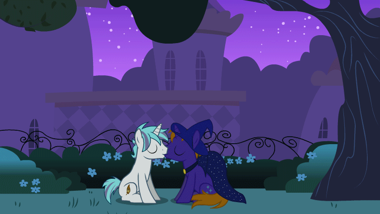 Size: 768x432 | Tagged: safe, artist:shelikof launch, derpibooru original, oc, oc only, oc:snap feather, oc:star bright, species:pony, species:unicorn, animated, canterlot, cape, clothing, commission, costume, cute, gay, gif, hat, kissing, macro, male, night, show accurate, shrinking, size difference, wizard hat