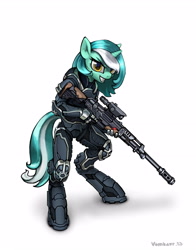Size: 3048x3886 | Tagged: safe, artist:vombavr, character:lyra heartstrings, species:anthro, species:pony, species:unguligrade anthro, species:unicorn, armor, female, gun, hand, hooves, horn, looking at you, mare, optical sight, powered exoskeleton, rifle, science fiction, simple background, smiling, sniper rifle, solo, teeth, tribes ascend, weapon, white background