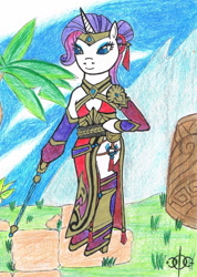 Size: 1140x1601 | Tagged: safe, artist:assertiveshypony, derpibooru original, character:rarity, crossover, gun, jungle, lian, paladins, paladins: champions of the realm, rifle, robe, standing on two hooves, traditional art, weapon