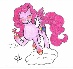 Size: 921x868 | Tagged: safe, artist:assertiveshypony, character:pinkie pie, species:pegasus, species:pony, g5 leak, leak, candy, cloud, colored wings, drawing, flying, food, on a cloud, pegasus pinkie pie, pinkie pie (g5), race swap, simple background, smiling, wings