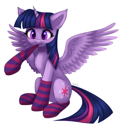 Size: 1890x1929 | Tagged: safe, artist:avrameow, character:twilight sparkle, character:twilight sparkle (alicorn), species:alicorn, species:pony, blushing, chest fluff, clothing, cute, digital art, female, mare, simple background, sitting, socks, solo, stockings, striped socks, thigh highs, transparent background, twiabetes