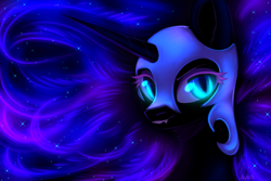 Size: 3000x2000 | Tagged: safe, artist:avrameow, character:nightmare moon, character:princess luna, species:alicorn, species:pony, abstract background, female, glowing eyes, helmet, mare, solo, stars