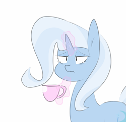 Size: 1551x1507 | Tagged: safe, artist:c0pter, character:trixie, species:pony, species:unicorn, cup, female, frown, levitation, magic, mare, simple background, solo, teacup, telekinesis, white background