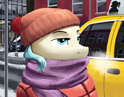 Size: 1876x1478 | Tagged: safe, artist:apocheck13, character:coco pommel, species:pony, car, city, clothing, coat, digital art, female, mare, scarf, taxi