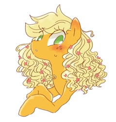 Size: 753x789 | Tagged: safe, artist:nota_mano, character:applejack, species:earth pony, species:pony, alternate hairstyle, blushing, bust, cute, female, flower, flower in hair, jackabetes, portrait, simple background, solo, white background
