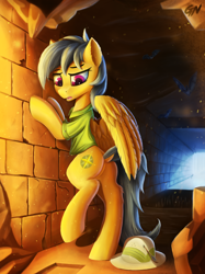 Size: 2080x2774 | Tagged: safe, artist:foxpit, character:daring do, species:pegasus, species:pony, arrow, bipedal, bipedal leaning, butt, clothing, dock, ear fluff, female, hat, high res, leaning, mare, pith helmet, solo
